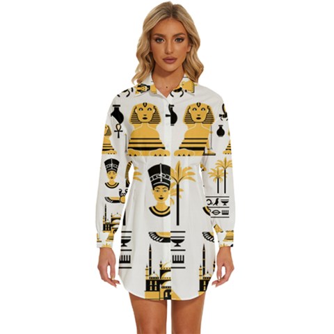 Egypt Symbols Decorative Icons Set Womens Long Sleeve Shirt Dress by Bedest