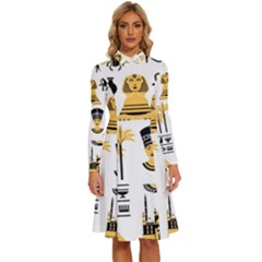 Egypt Symbols Decorative Icons Set Long Sleeve Shirt Collar A-line Dress by Bedest