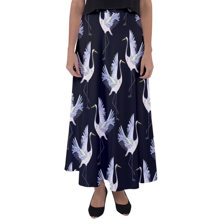 Crane Pattern Flared Maxi Skirt