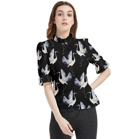 Crane Pattern Frill Neck Blouse by Bedest