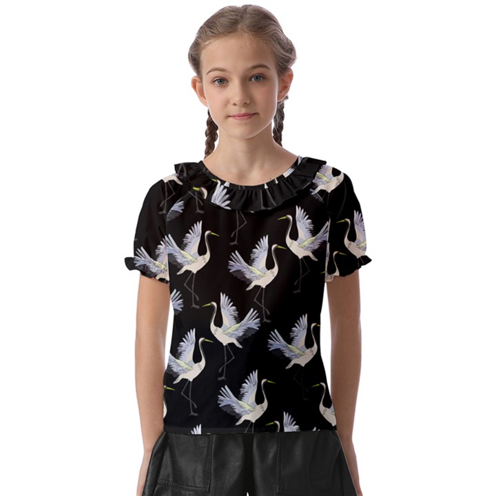 Crane Pattern Kids  Frill Chiffon Blouse