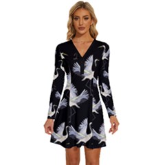 Crane Pattern Long Sleeve Deep V Mini Dress  by Bedest