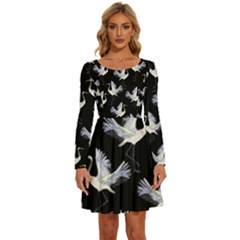 Crane Pattern Long Sleeve Wide Neck Velvet Dress by Bedest