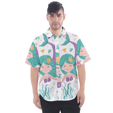 Set Cute Mermaid Seaweeds Marine In Habitants Men s Short Sleeve Shirt by Bedest