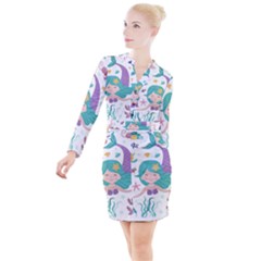 Set Cute Mermaid Seaweeds Marine In Habitants Button Long Sleeve Dress by Bedest