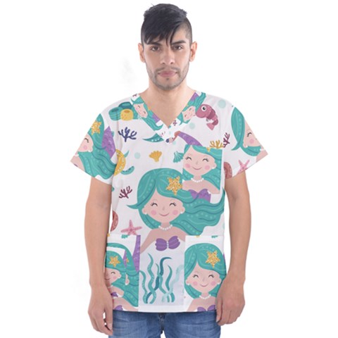 Set Cute Mermaid Seaweeds Marine In Habitants Men s V-neck Scrub Top by Bedest