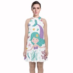 Set Cute Mermaid Seaweeds Marine In Habitants Velvet Halter Neckline Dress  by Bedest