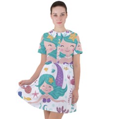 Set Cute Mermaid Seaweeds Marine In Habitants Short Sleeve Shoulder Cut Out Dress  by Bedest