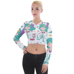 Set Cute Mermaid Seaweeds Marine In Habitants Long Sleeve Cropped Velvet Jacket by Bedest