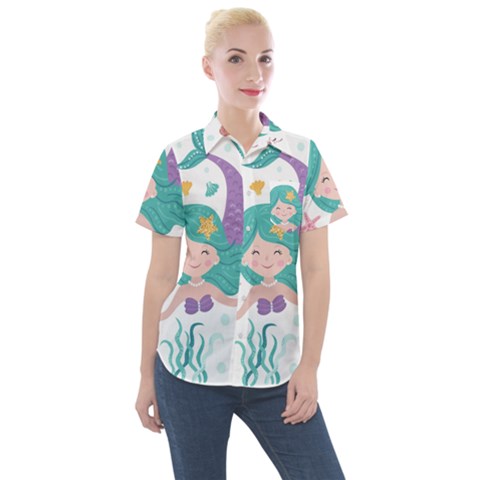 Set Cute Mermaid Seaweeds Marine In Habitants Women s Short Sleeve Pocket Shirt by Bedest