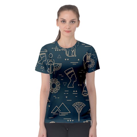 Dark Seamless Pattern Symbols Landmarks Sign Egypt Women s Sport Mesh T-shirt by Bedest