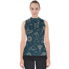 Dark Seamless Pattern Symbols Landmarks Sign Egypt Mock Neck Shell Top by Bedest