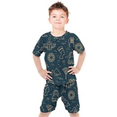 Dark Seamless Pattern Symbols Landmarks Sign Egypt Kids  T-shirt And Shorts Set by Bedest