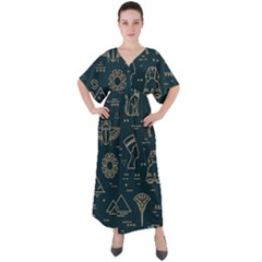 Dark Seamless Pattern Symbols Landmarks Sign Egypt V-neck Boho Style Maxi Dress by Bedest