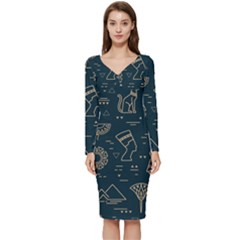 Dark Seamless Pattern Symbols Landmarks Sign Egypt Long Sleeve V-neck Bodycon Dress  by Bedest