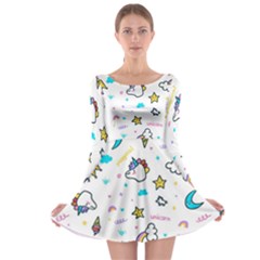 Unicorns Rainbows Seamless Pattern Long Sleeve Skater Dress by Bedest