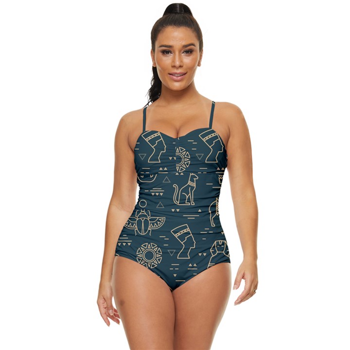 Dark Seamless Pattern Symbols Landmarks Sign Egypt Retro Full Coverage Swimsuit