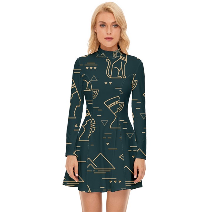 Dark Seamless Pattern Symbols Landmarks Sign Egypt Long Sleeve Velour Longline Dress