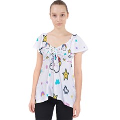 Unicorns Rainbows Seamless Pattern Lace Front Dolly Top by Bedest