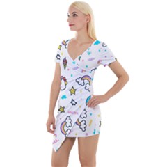 Unicorns Rainbows Seamless Pattern Short Sleeve Asymmetric Mini Dress by Bedest