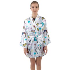 Unicorns Rainbows Seamless Pattern Long Sleeve Satin Kimono by Bedest