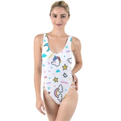 Unicorns Rainbows Seamless Pattern High Leg Strappy Swimsuit by Bedest