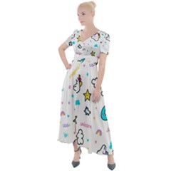 Unicorns Rainbows Seamless Pattern Button Up Short Sleeve Maxi Dress by Bedest