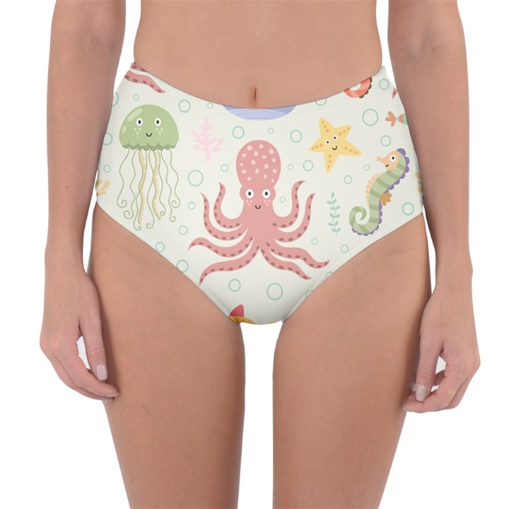 Underwater Seamless Pattern Light Background Funny Reversible High-Waist Bikini Bottoms