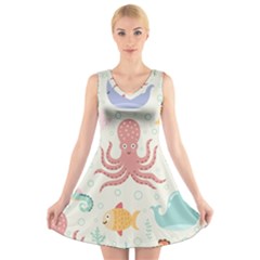 Underwater Seamless Pattern Light Background Funny V-neck Sleeveless Dress by Bedest