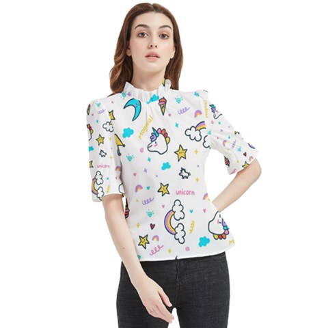 Unicorns Rainbows Seamless Pattern Frill Neck Blouse by Bedest