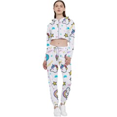 Unicorns Rainbows Seamless Pattern Cropped Zip Up Lounge Set by Bedest