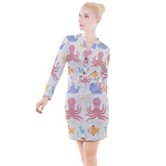 Underwater Seamless Pattern Light Background Funny Button Long Sleeve Dress by Bedest