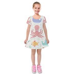 Underwater Seamless Pattern Light Background Funny Kids  Short Sleeve Velvet Dress by Bedest