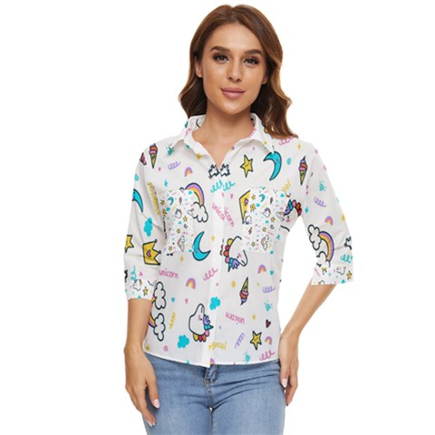 Unicorns Rainbows Seamless Pattern Women s Quarter Sleeve Pocket Shirt by Bedest