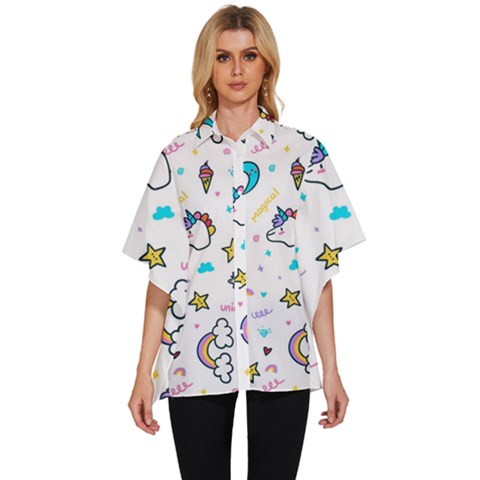 Unicorns Rainbows Seamless Pattern Women s Batwing Button Up Shirt by Bedest