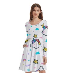 Unicorns Rainbows Seamless Pattern Long Sleeve Knee Length Skater Dress With Pockets by Bedest