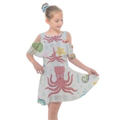 Underwater Seamless Pattern Light Background Funny Kids  Shoulder Cutout Chiffon Dress by Bedest