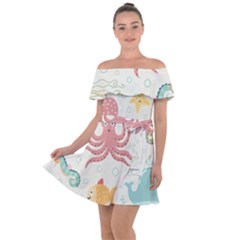 Underwater Seamless Pattern Light Background Funny Off Shoulder Velour Dress by Bedest