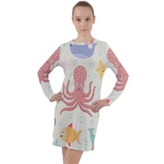 Underwater Seamless Pattern Light Background Funny Long Sleeve Hoodie Dress by Bedest