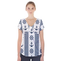 Nautical Seamless Pattern Vector Illustration Short Sleeve Front Detail Top by Bedest