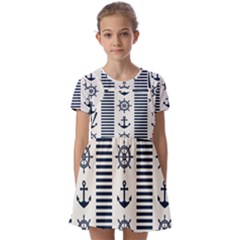 Nautical Seamless Pattern Vector Illustration Kids  Short Sleeve Pinafore Style Dress by Bedest