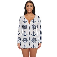 Nautical Seamless Pattern Vector Illustration Long Sleeve Boyleg Swimsuit by Bedest