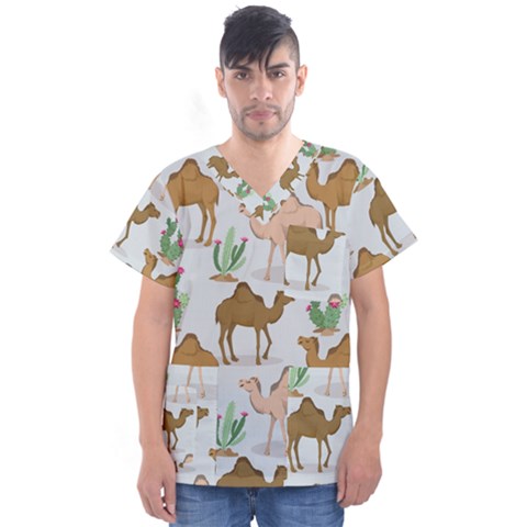 Camels Cactus Desert Pattern Men s V-neck Scrub Top by Hannah976