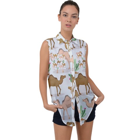 Camels Cactus Desert Pattern Sleeveless Chiffon Button Shirt by Hannah976