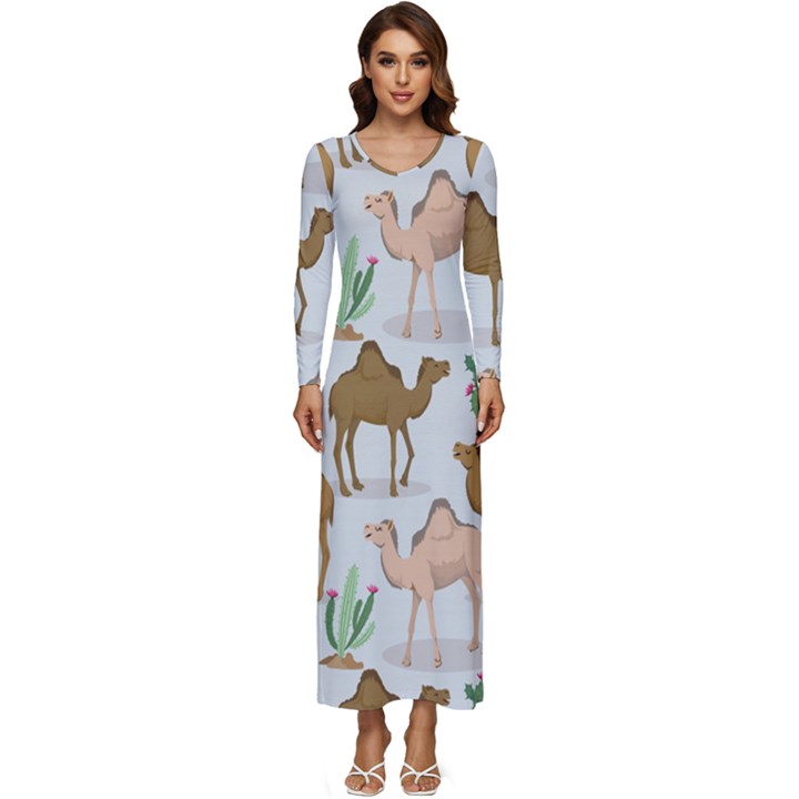 Camels Cactus Desert Pattern Long Sleeve Longline Maxi Dress