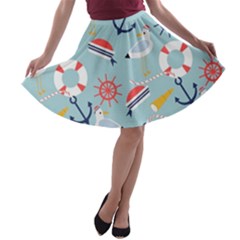 Nautical Marine Symbols Seamless Pattern A-line Skater Skirt