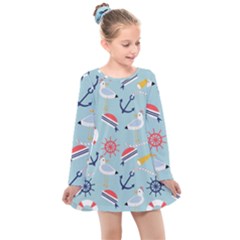 Nautical Marine Symbols Seamless Pattern Kids  Long Sleeve Dress by Hannah976