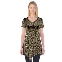 Hamsa Hand Drawn Symbol With Flower Decorative Pattern Short Sleeve Tunic  by Hannah976