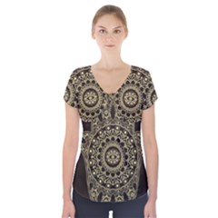 Hamsa Hand Drawn Symbol With Flower Decorative Pattern Short Sleeve Front Detail Top by Hannah976