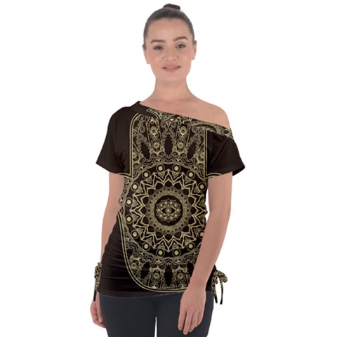 Hamsa Hand Drawn Symbol With Flower Decorative Pattern Off Shoulder Tie-up T-shirt by Hannah976